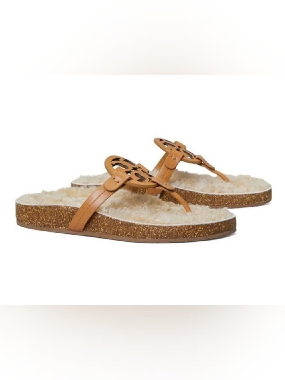 Tory Burch MILLER CLOUD Shearling Sandals - Napa Leather - Caramel - Size 9.5